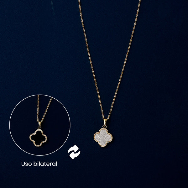 Colar Feminino Trevo de Quatro Folhas Dourado – Aço Inoxidável Branco e Preto bilateral